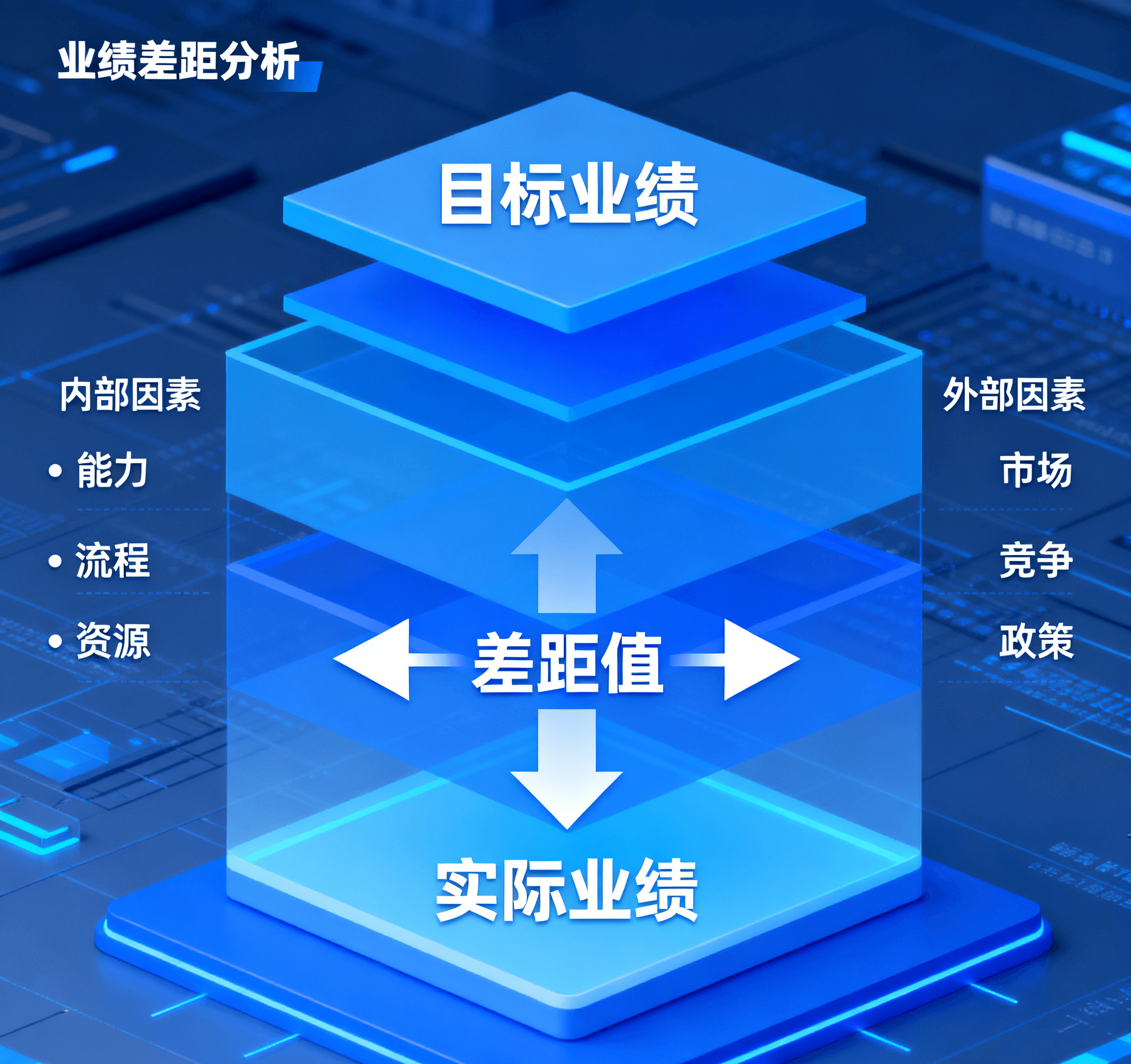 业绩差距分析模型,展示目标与实际业绩的差距构成